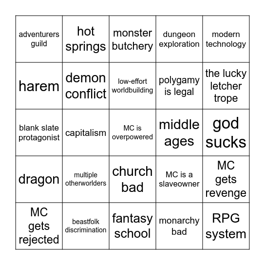 Isekai Bingo Card