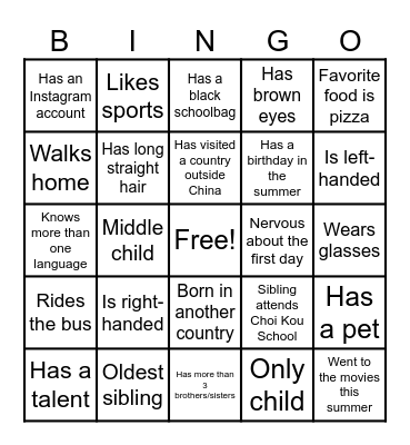 Classmate Bingo Card