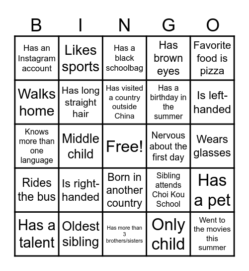 Classmate Bingo Card