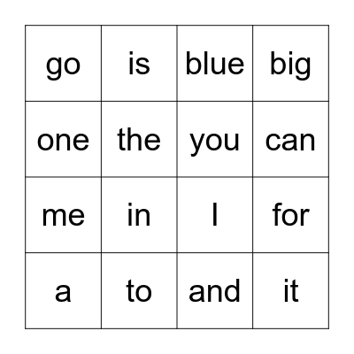 Sight Words Bingo Card