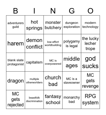 Isekai Bingo Card