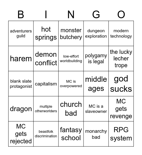 Isekai Bingo Card