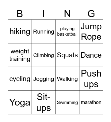 Excercise Bingo Card