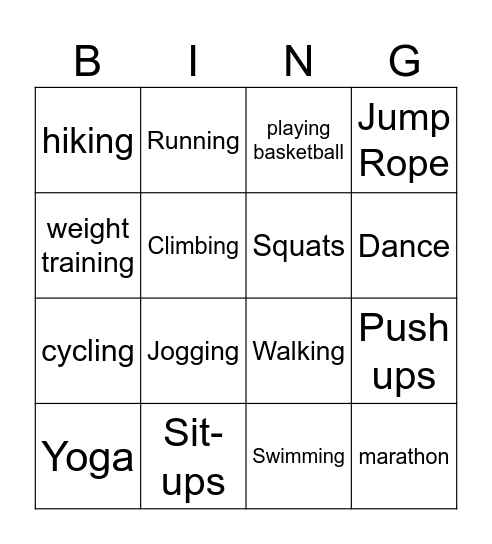 Excercise Bingo Card