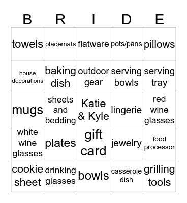Katie's Bridal Bingo Card