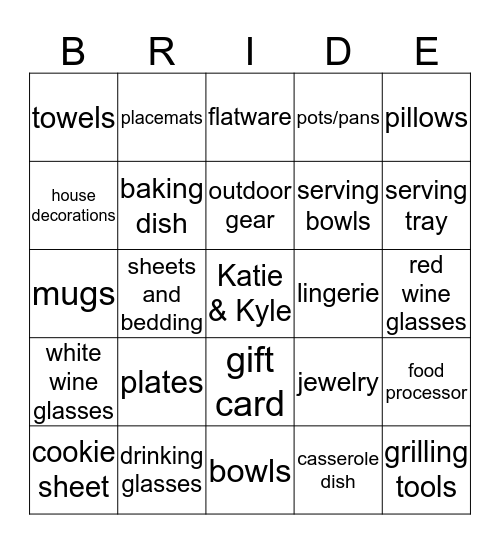 Katie's Bridal Bingo Card