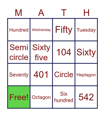 Mental Math Bingo Card