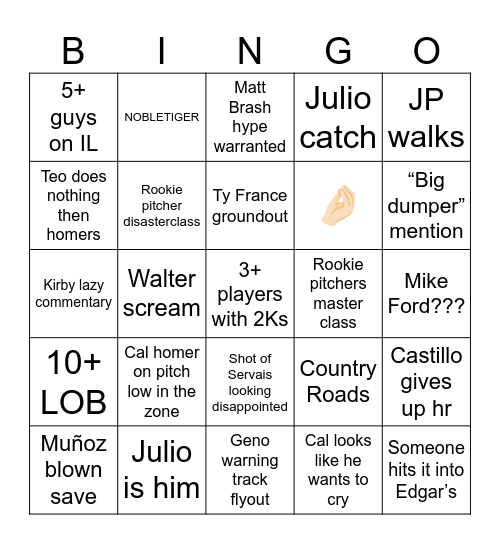 2023 Mariners Bingo Card