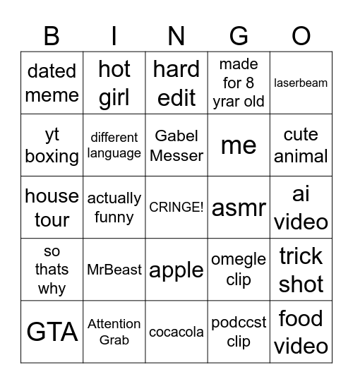 YT SHORTS Bingo Card