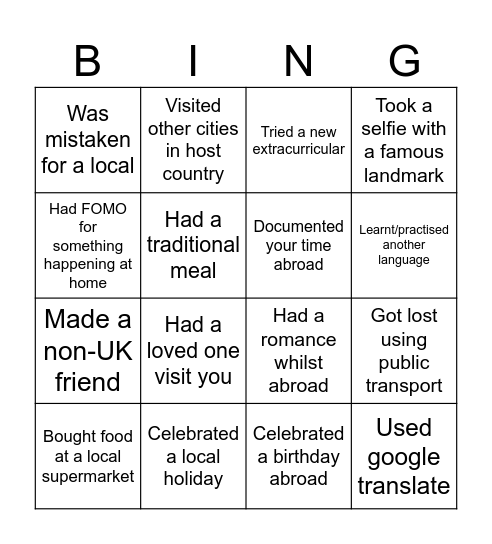 Placement Abroad Bingo Card