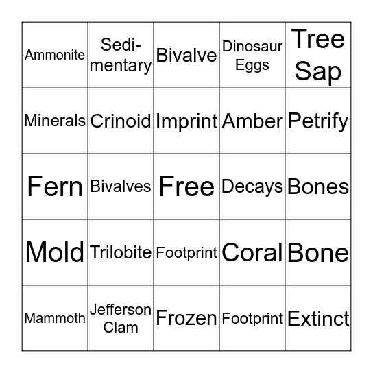 Fossils Bingo Card