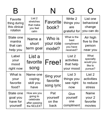 Mental Health Bingo Card