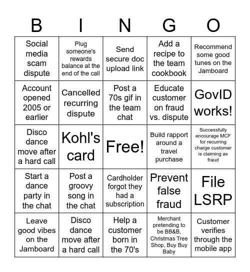 Team Boogie Oogie in Your Dreams Bingo Card