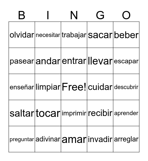 Verb Bingo Card