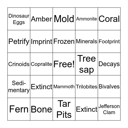 Fossils Bingo Card