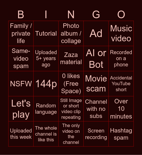 The Deep YouTube Bingo Card