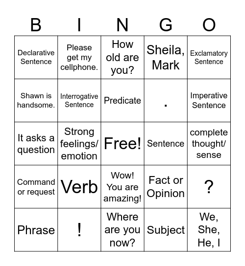 Sentence Bingo Card