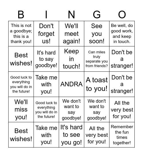 Farewell Bingo Card