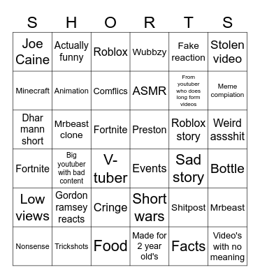 Shorts bingo Card