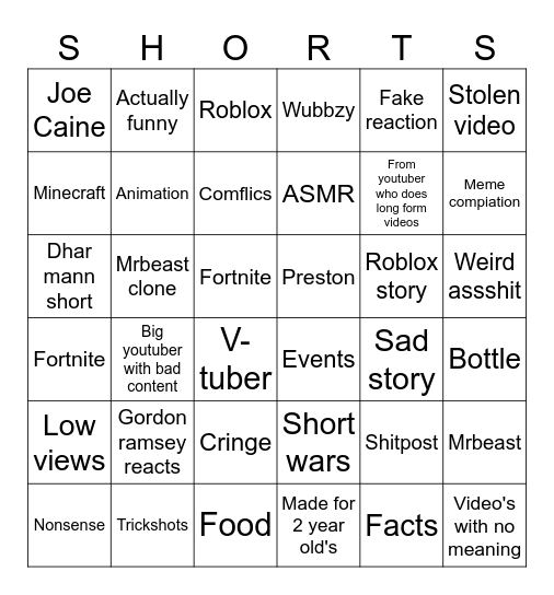 Shorts bingo Card