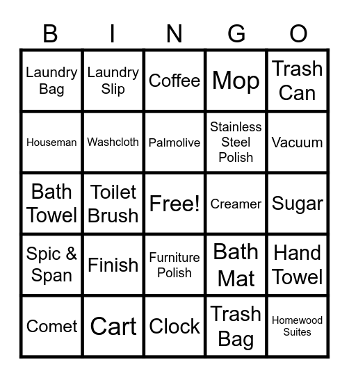 Housekeeping Bingo!! Bingo Card