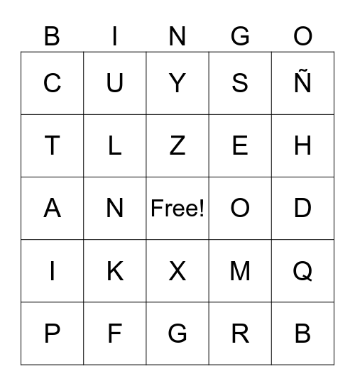 Spanish Alphabet Bingo Card