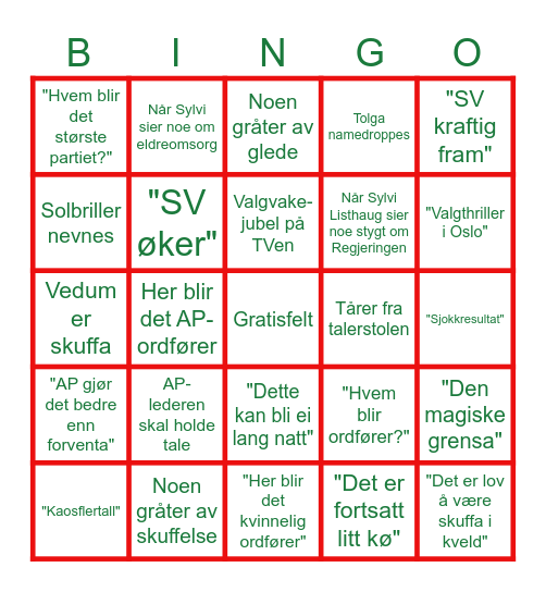 Valgvakebingo Tolga 2023 Bingo Card