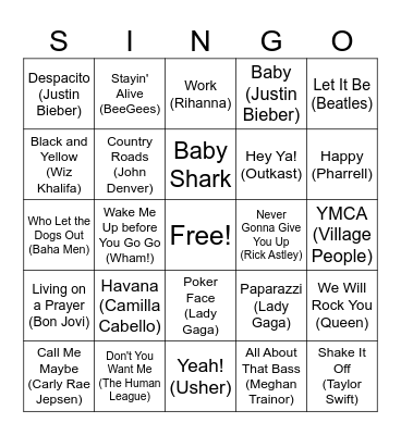 Pop Hook Singo Bingo Card