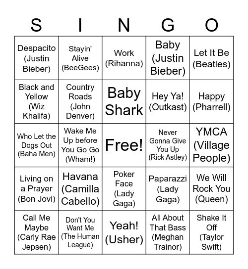 Pop Hook Singo Bingo Card