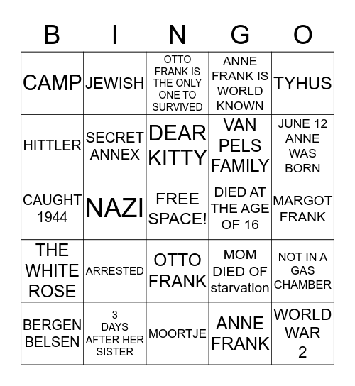ANNE FRANK Bingo Card