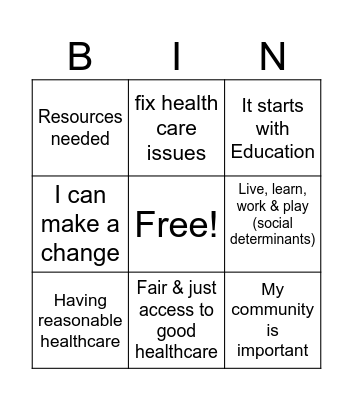 CCHD Health Equity Bingo Card