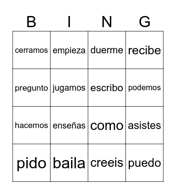 Present tense verbs Bingo Card