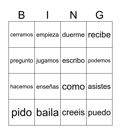 Present tense verbs Bingo Card