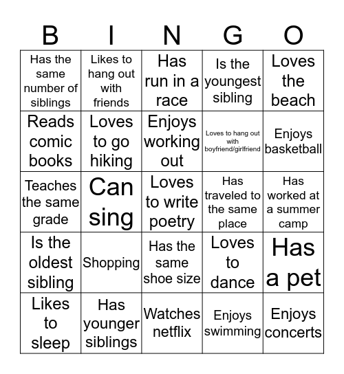 Getting Acquainted  Bingo Card