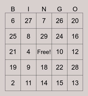 Les Nombres  (2-30 addition) Bingo Card