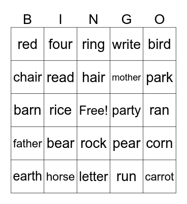 /r/ sound Bingo Card