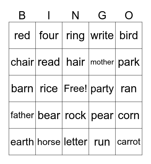 /r/ sound Bingo Card