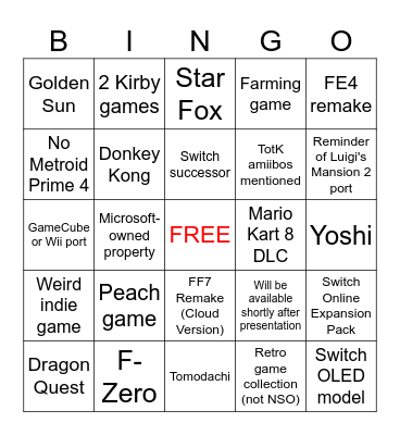 Nintendo Direct September 2023 Bingo Card