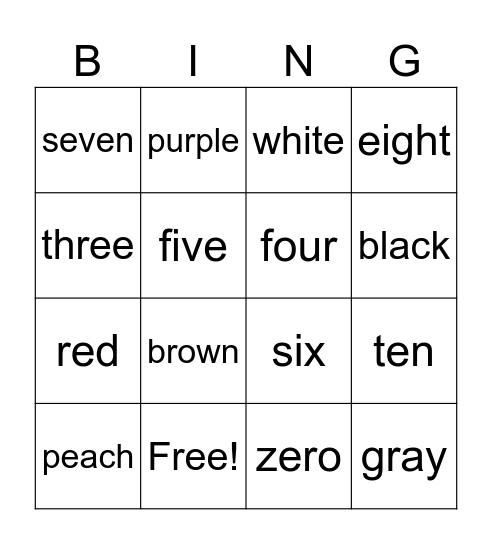 COLORS AND NUMBERS Bingo Card