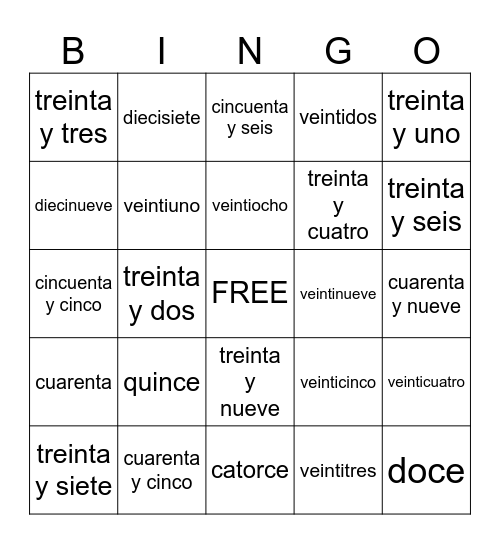 Spanish numbers 11-59 Bingo Card