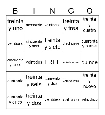 Spanish numbers 11-59 Bingo Card