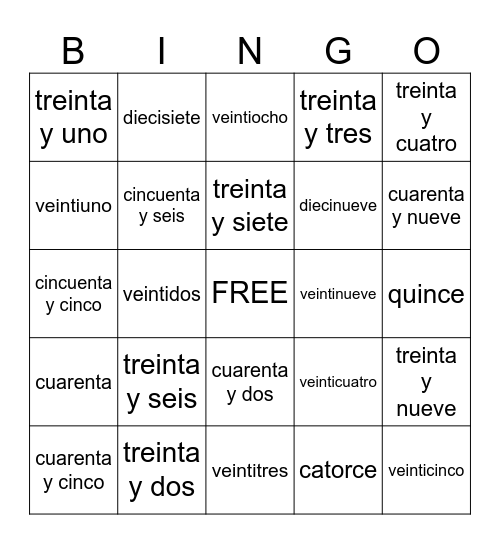 Spanish numbers 11-59 Bingo Card