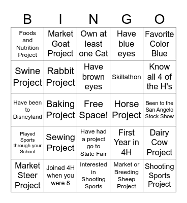 4H Bingo Card