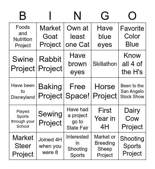 4H Bingo Card