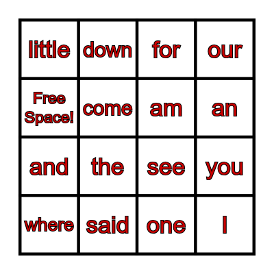 Red Snap Word Bingo Card