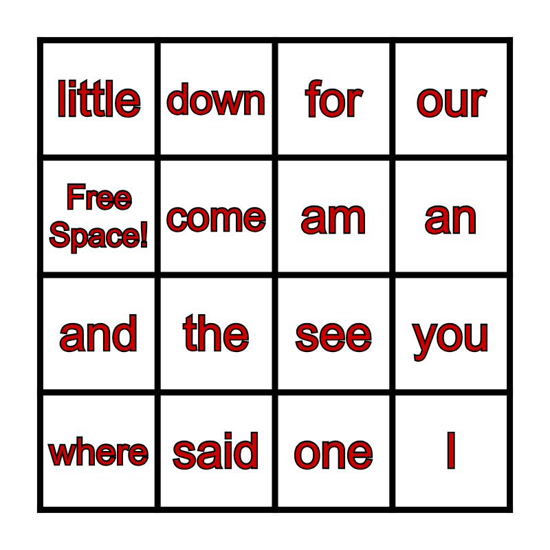 Red Snap Word Bingo Card