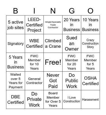 Federation of Women Contractor Bingo Card