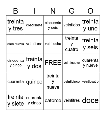 Spanish numbers 11-59 Bingo Card