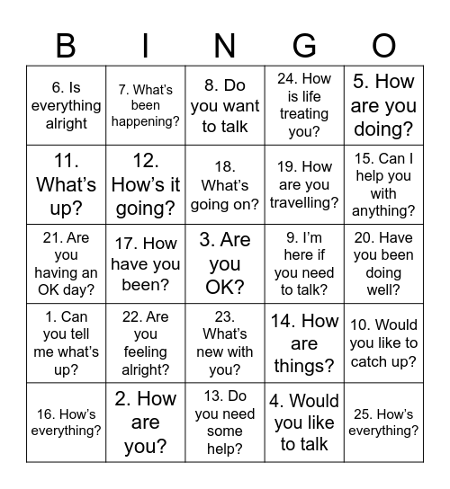 Are You Ok? Bingo Card