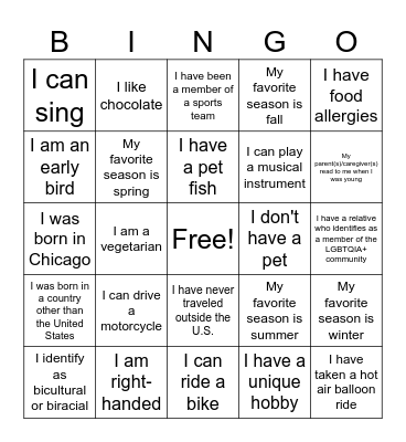 Diversity Bingo Card